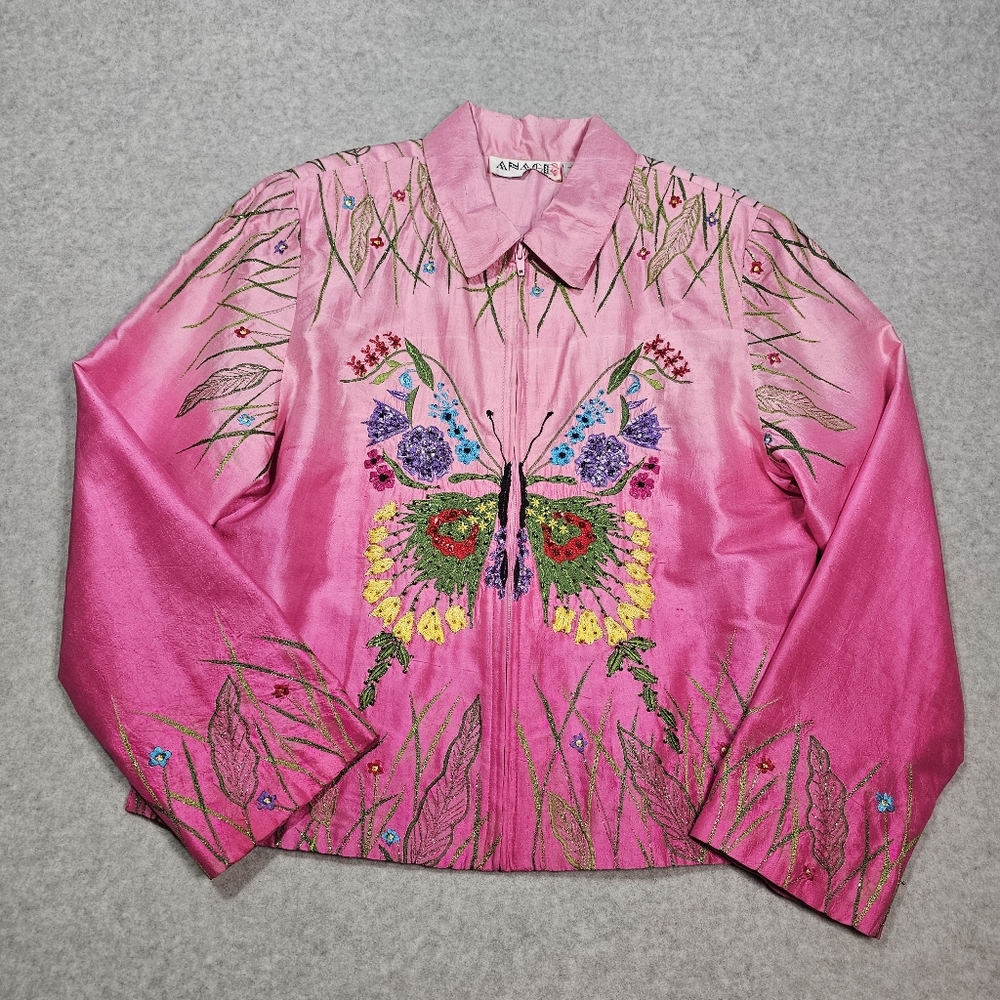 Vintage 100% Silk 80s Bright Pink Butterfly Embroidered Jacket Womens Size Med